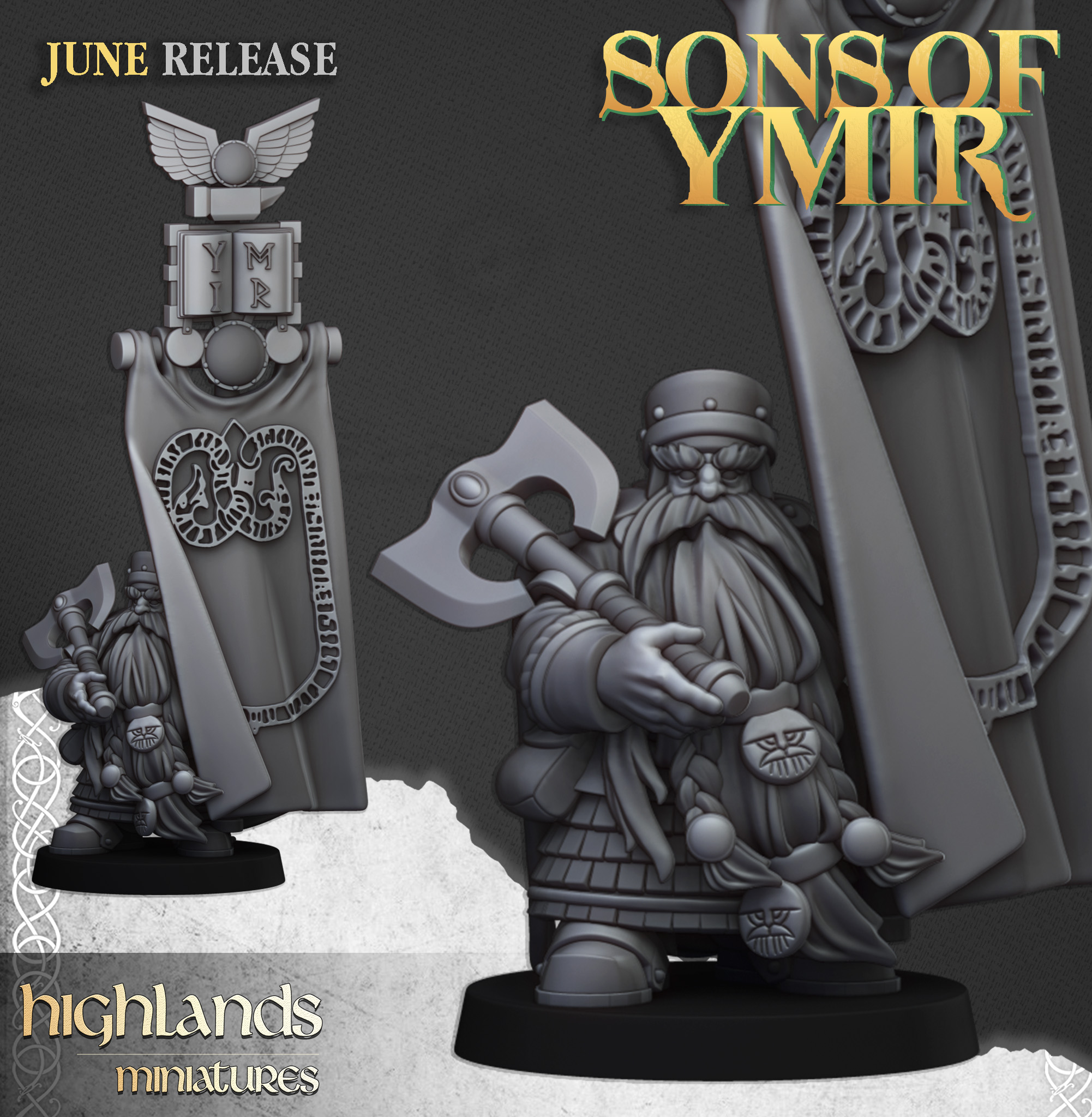 Dwarf Lord with Battle Banner, Sons of Ymir- Highlands Miniatures