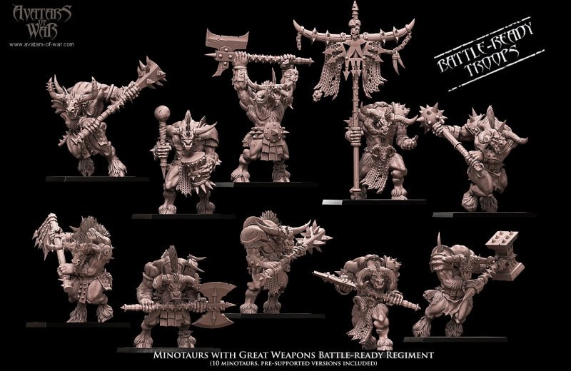 minotaurs with two weapons battle ready regiment, beastmen, avatars of war (copy)