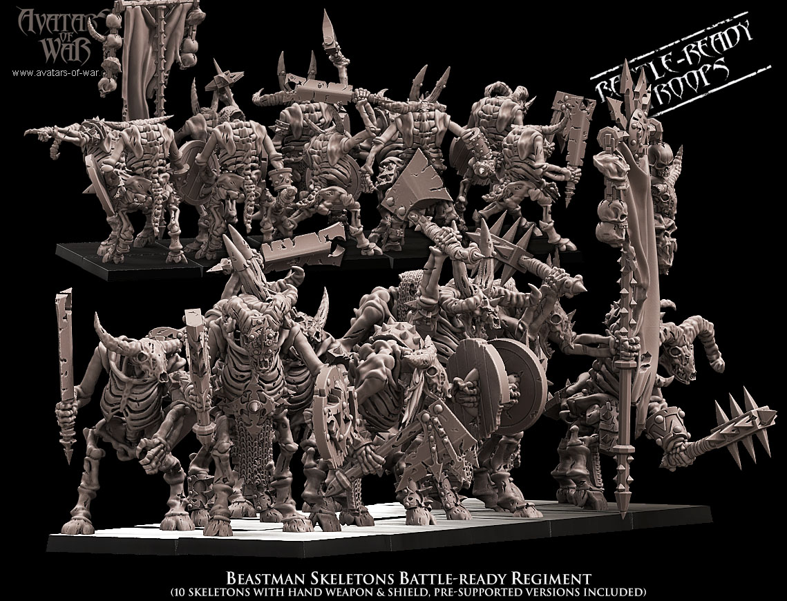 beastman skeletons battle ready regiment, orcs & goblins, avatars of war
