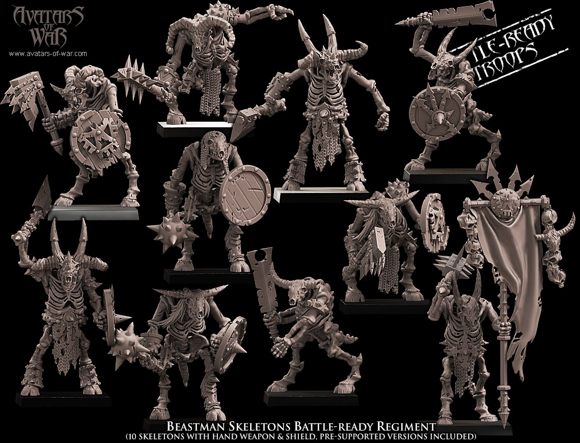 beastman skeletons battle ready regiment, orcs & goblins, avatars of war