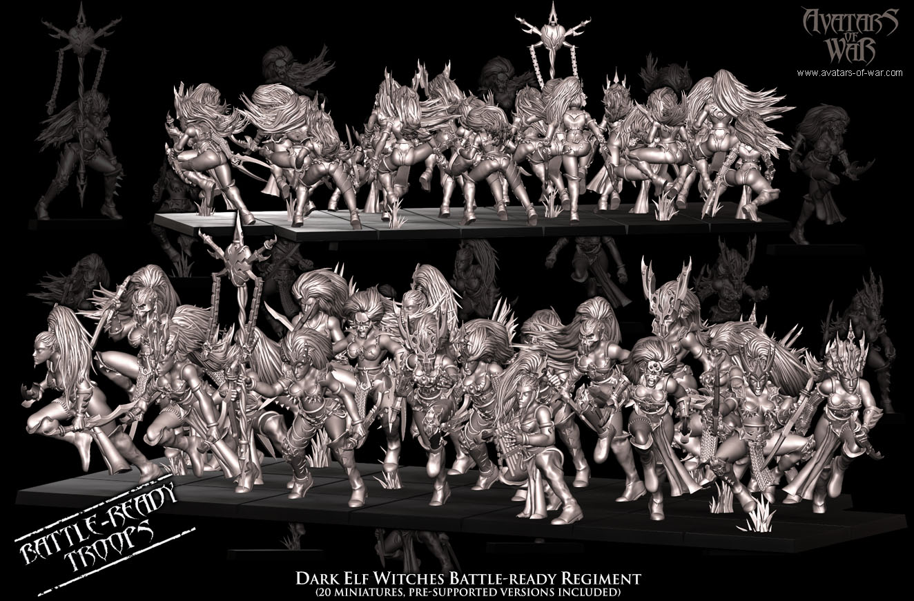 dark elf witches battle ready regiment, dark elves, avatars of war
