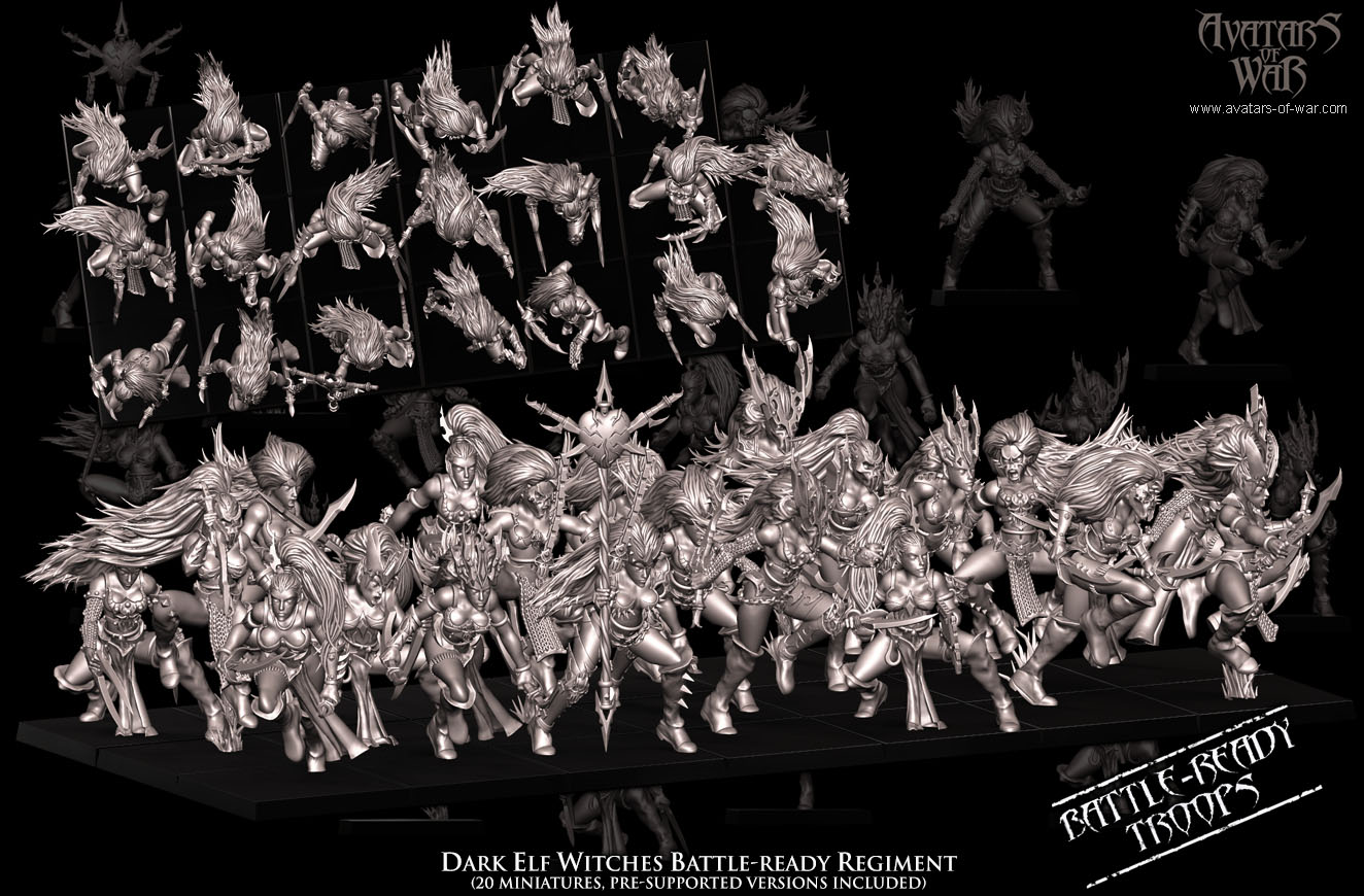 dark elf witches battle ready regiment, dark elves, avatars of war