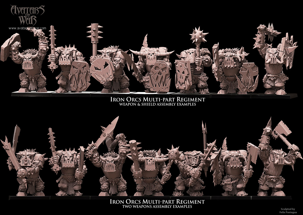 iron orcs with weapon & shield battle ready regiment, orcs & goblins, avatars of war