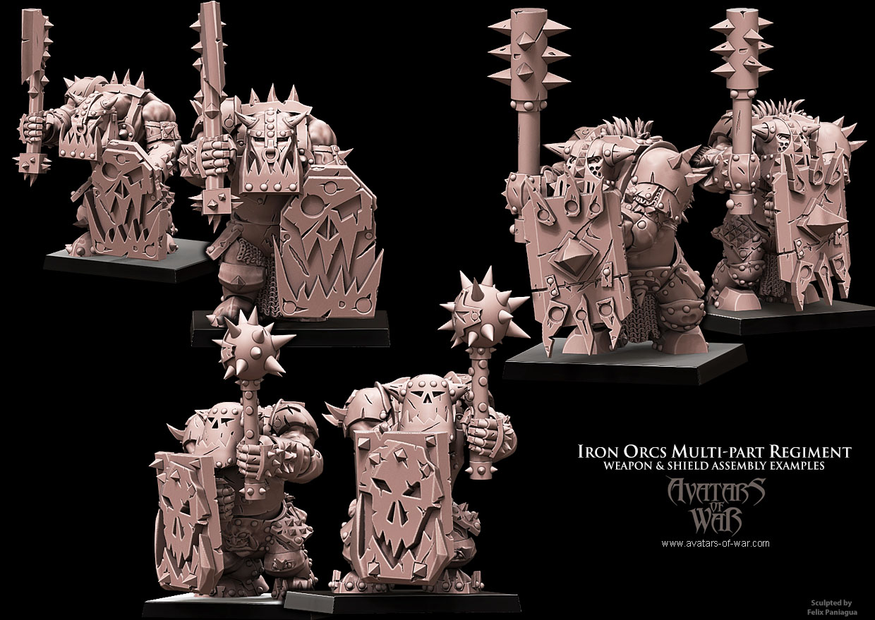 iron orcs with weapon & shield battle ready regiment, orcs & goblins, avatars of war