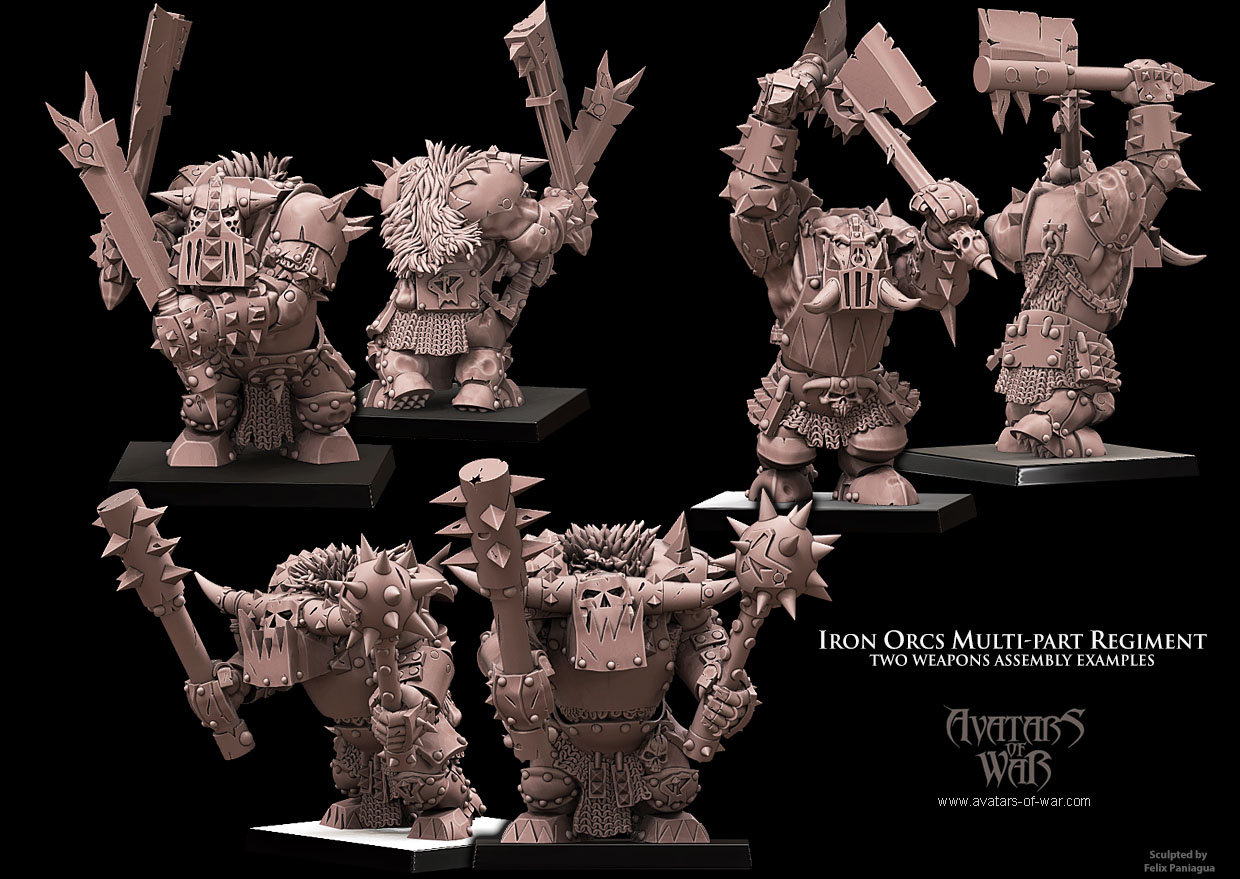 iron orcs with weapon & shield battle ready regiment, orcs & goblins, avatars of war