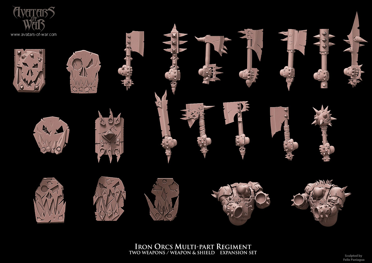 iron orcs with weapon & shield battle ready regiment, orcs & goblins, avatars of war