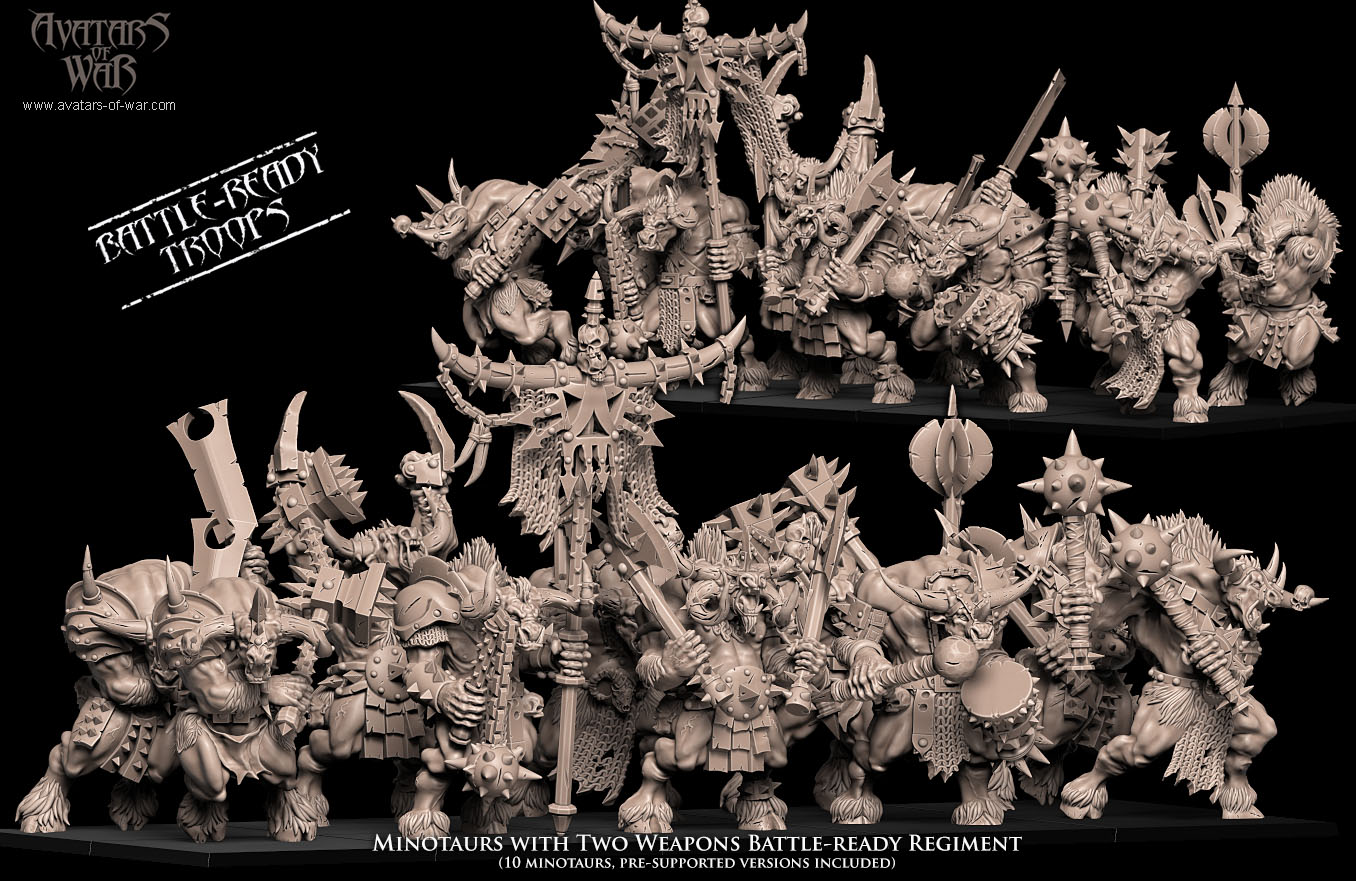 minotaurs with weapon & shield battle ready regiment, beastmen, avatars of war (copy)