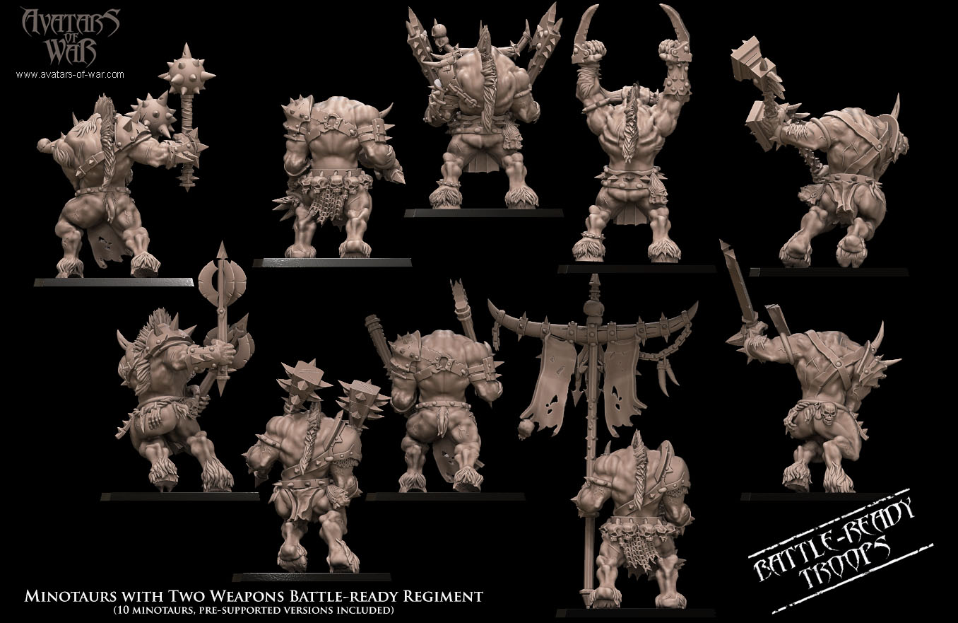 minotaurs with weapon & shield battle ready regiment, beastmen, avatars of war (copy)