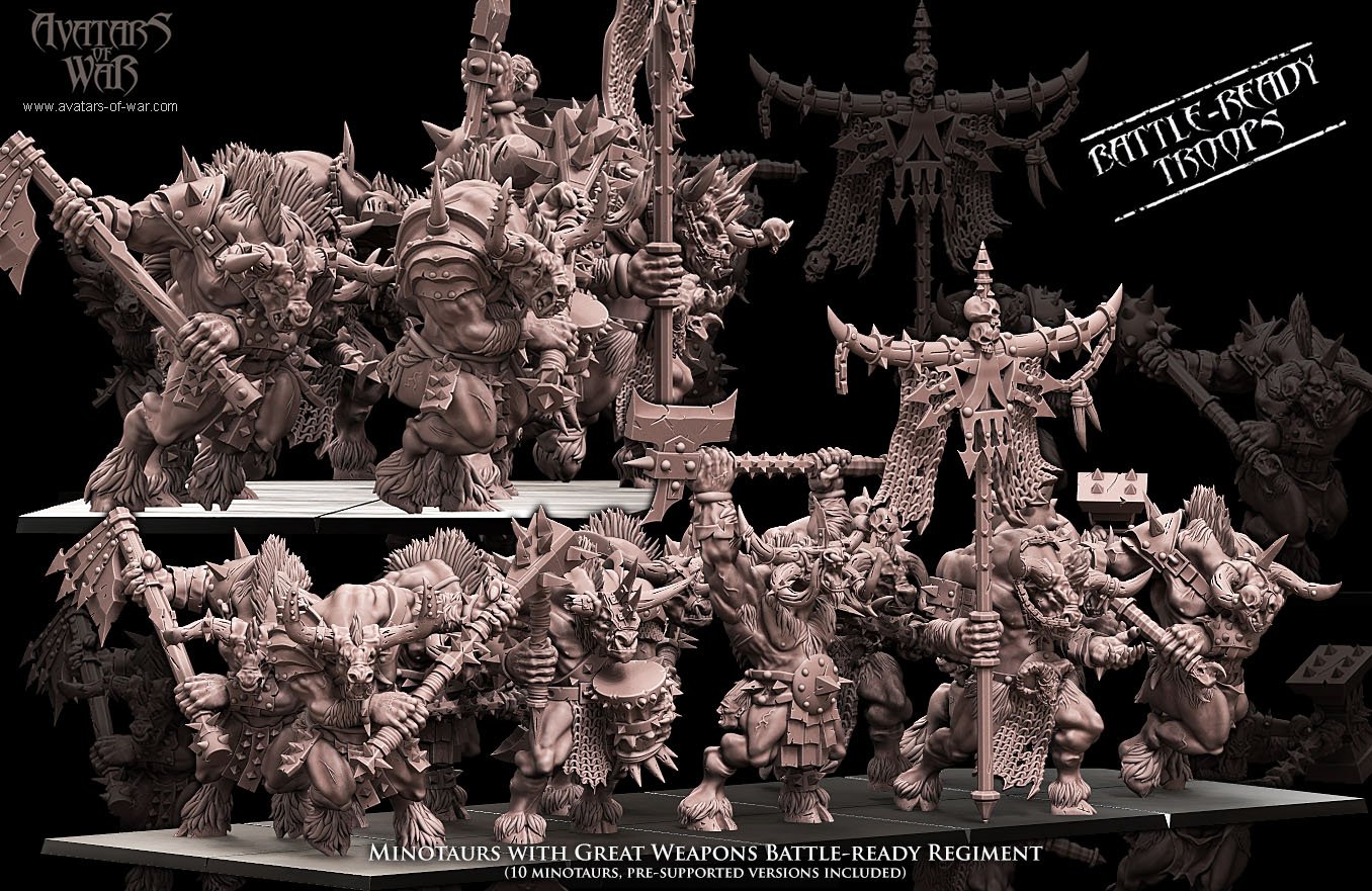 minotaurs with two weapons battle ready regiment, beastmen, avatars of war (copy)