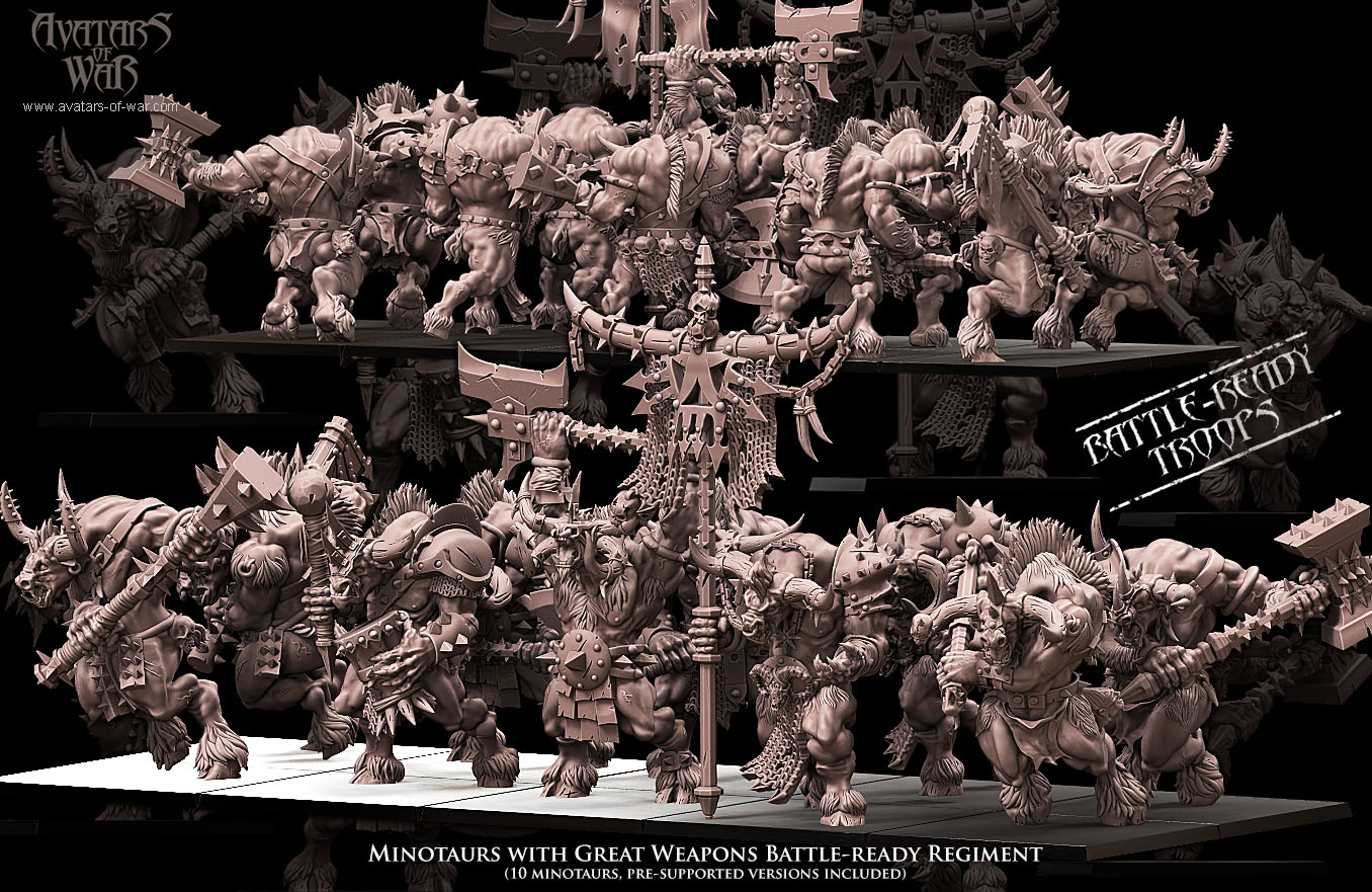 minotaurs with great weapons battle ready regiment, beastmen, avatars of war (copy)