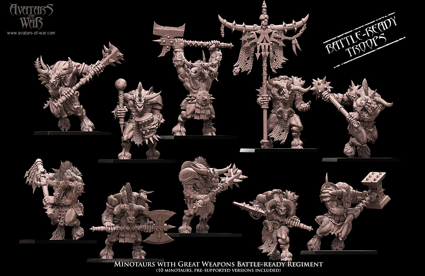 minotaurs with two weapons battle ready regiment, beastmen, avatars of war (copy)