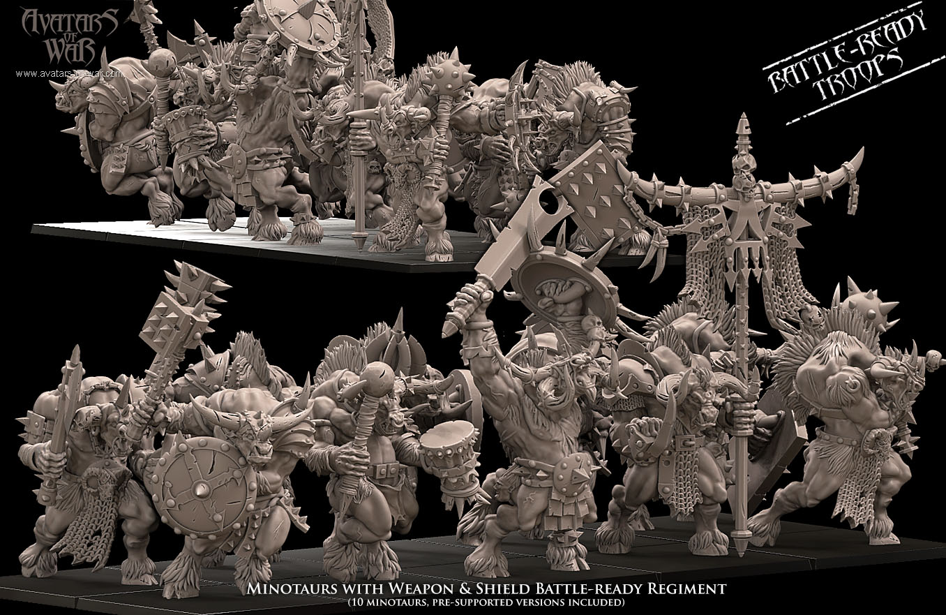 minotaurs with weapon & shield battle ready regiment, beastmen, avatars of war