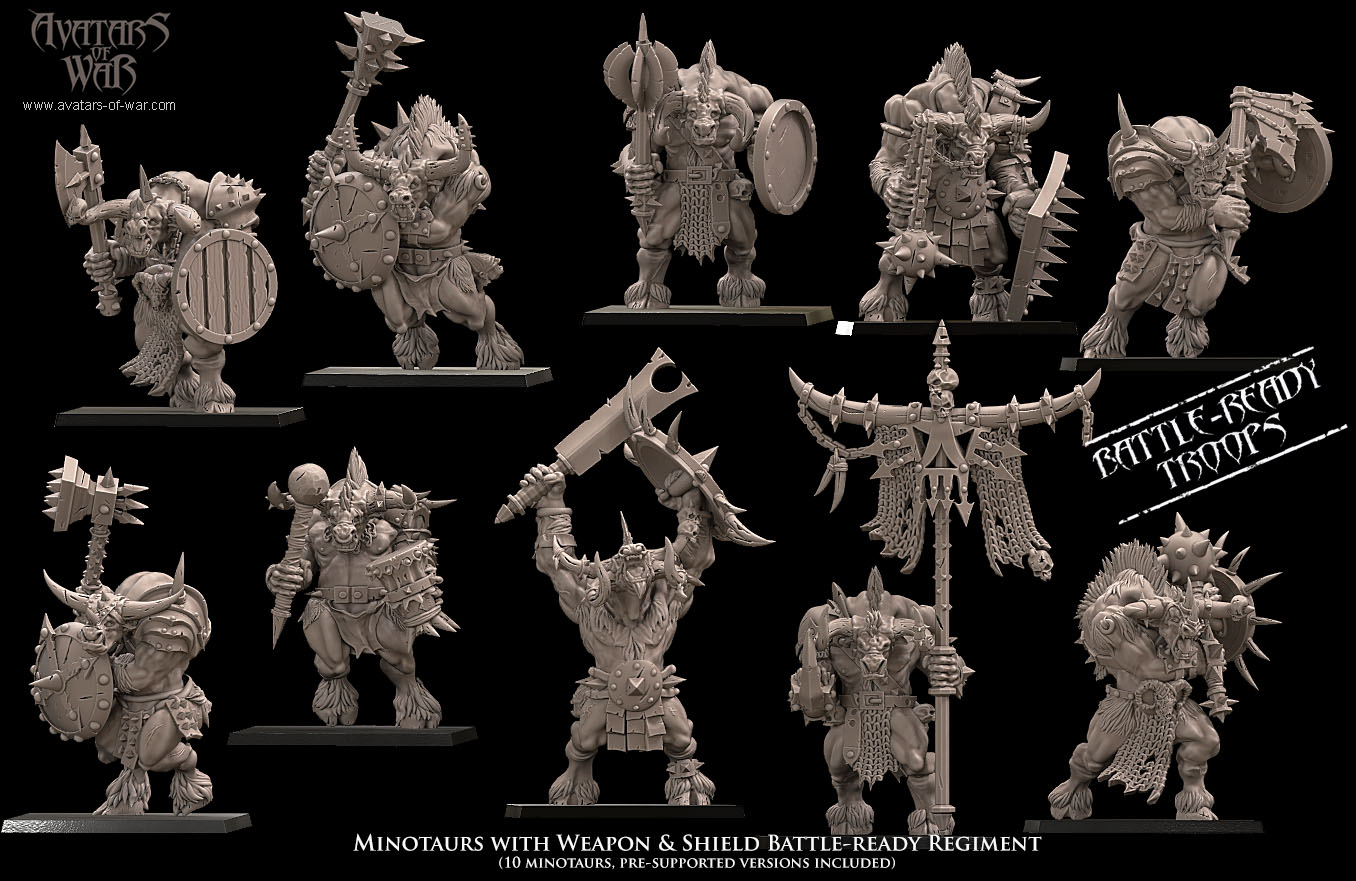 minotaurs with weapon & shield battle ready regiment, beastmen, avatars of war