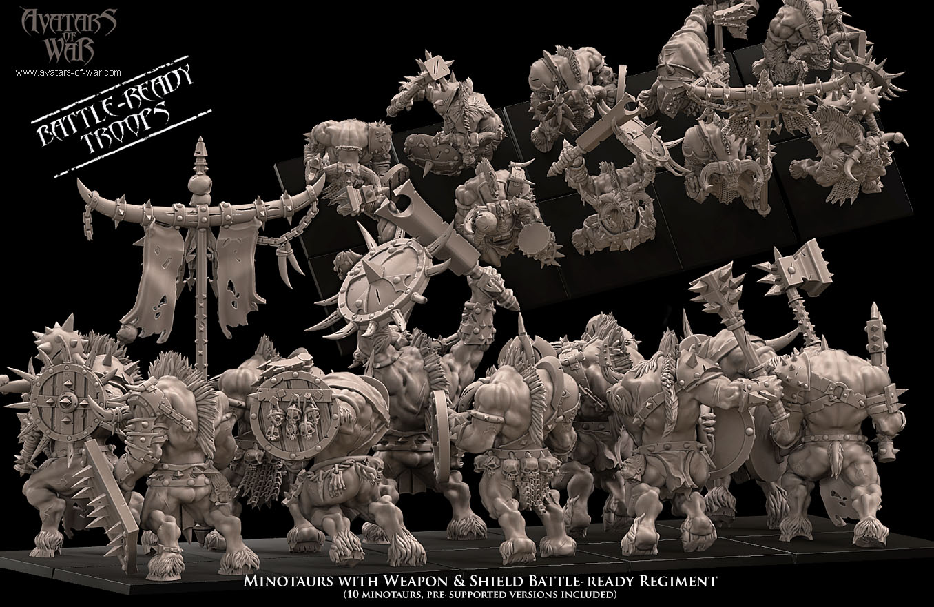 minotaurs with weapon & shield battle ready regiment, beastmen, avatars of war