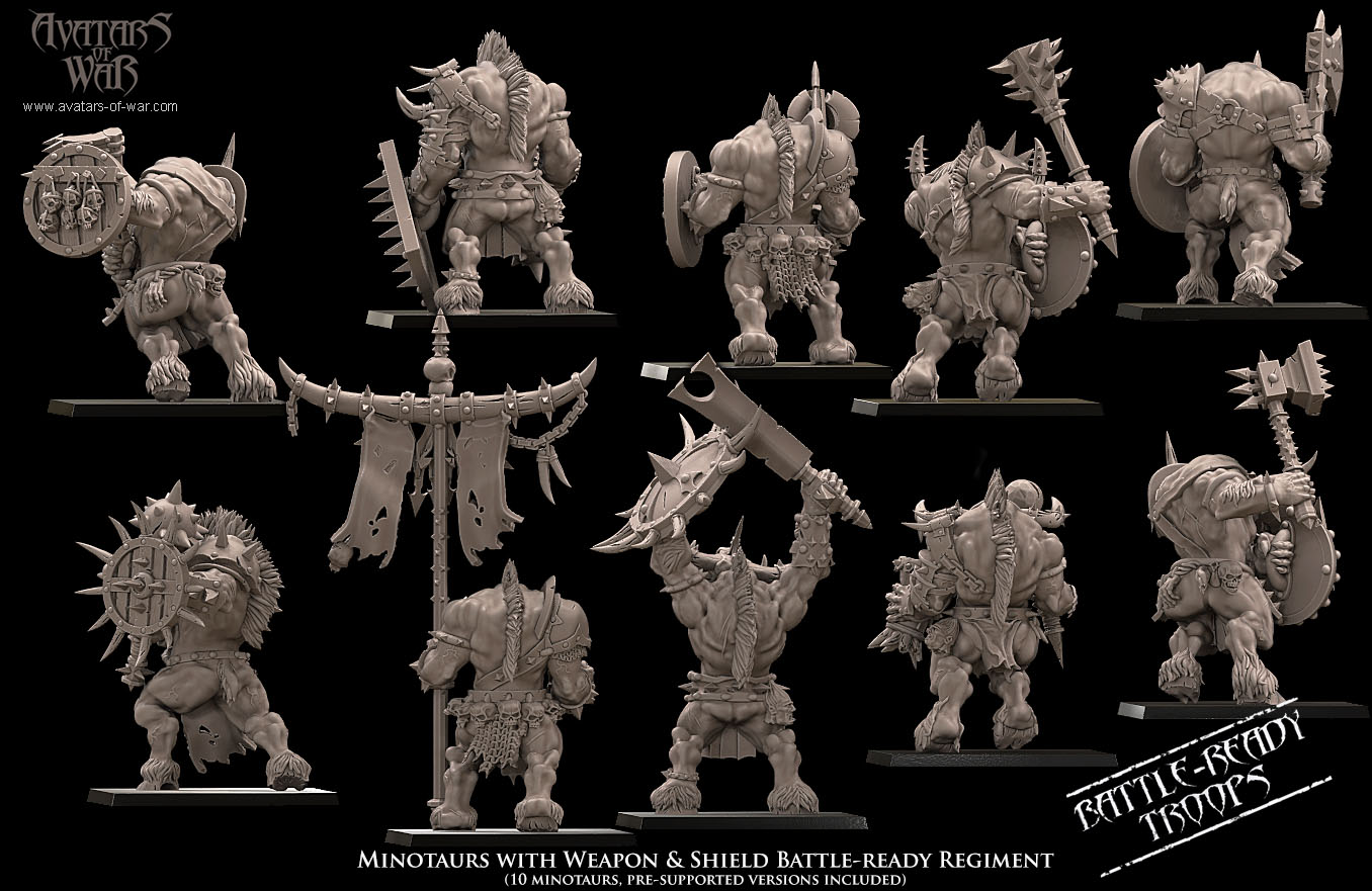 minotaurs with weapon & shield battle ready regiment, beastmen, avatars of war