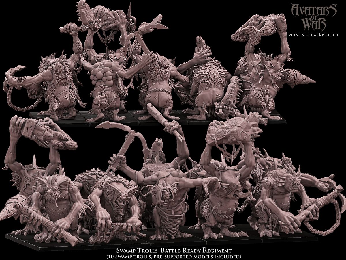 swamp trolls battle ready regiment , orcs and goblins , avatars of war