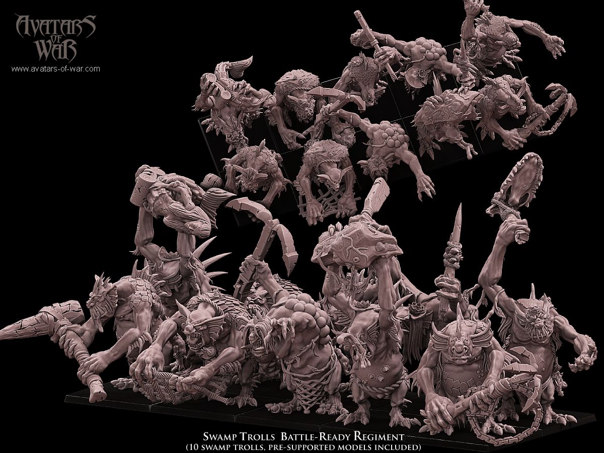 swamp trolls battle ready regiment , orcs and goblins , avatars of war