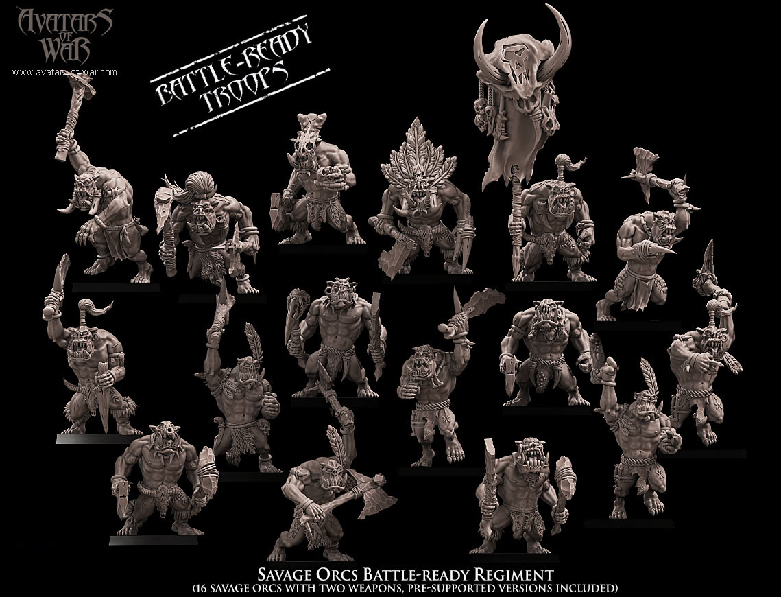 savage orcs battle ready regiment, orcs & goblins, avatars of war