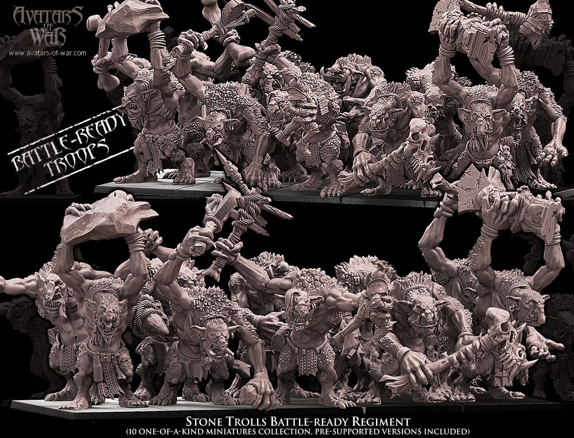 stone trolls battle ready regiment , orcs and goblins , avatars of war