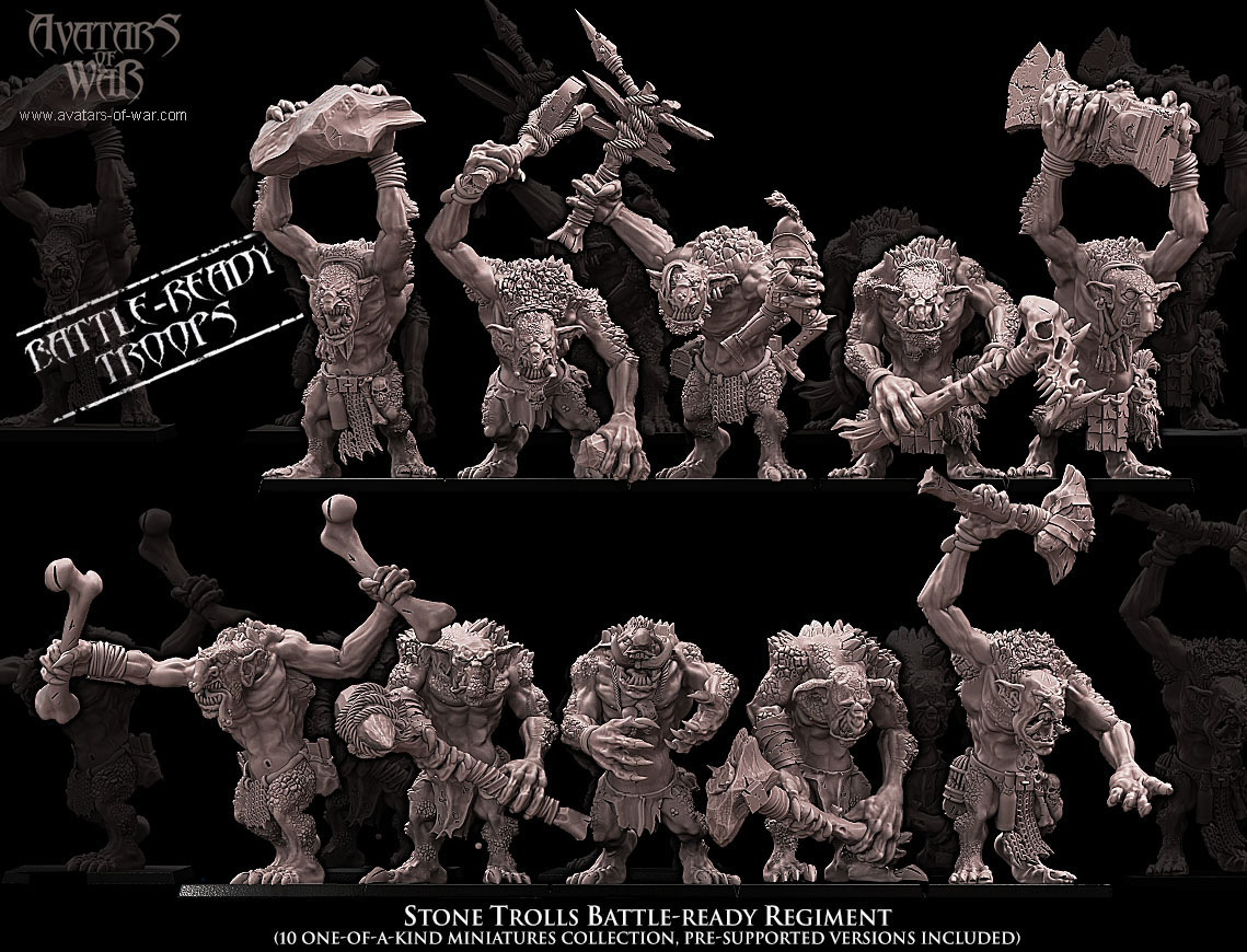 stone trolls battle ready regiment , orcs and goblins , avatars of war