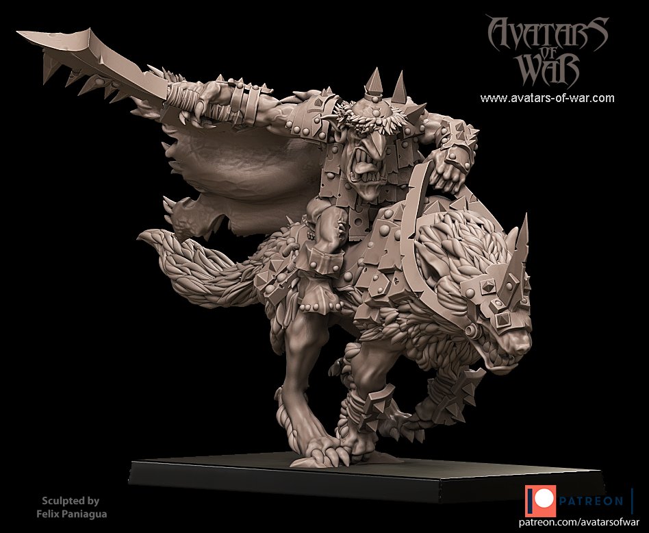 goblin hero on wolf with hand weapon , orcs & goblins avatars of war