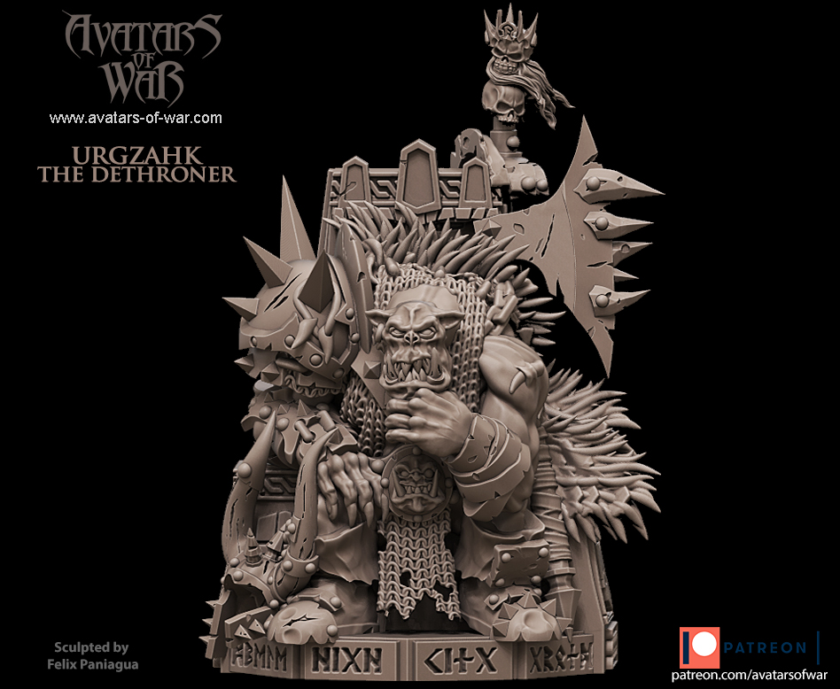 black orc warlord (urgzahk the dethroner) on dwarven throne, orcs & goblins avatars of war
