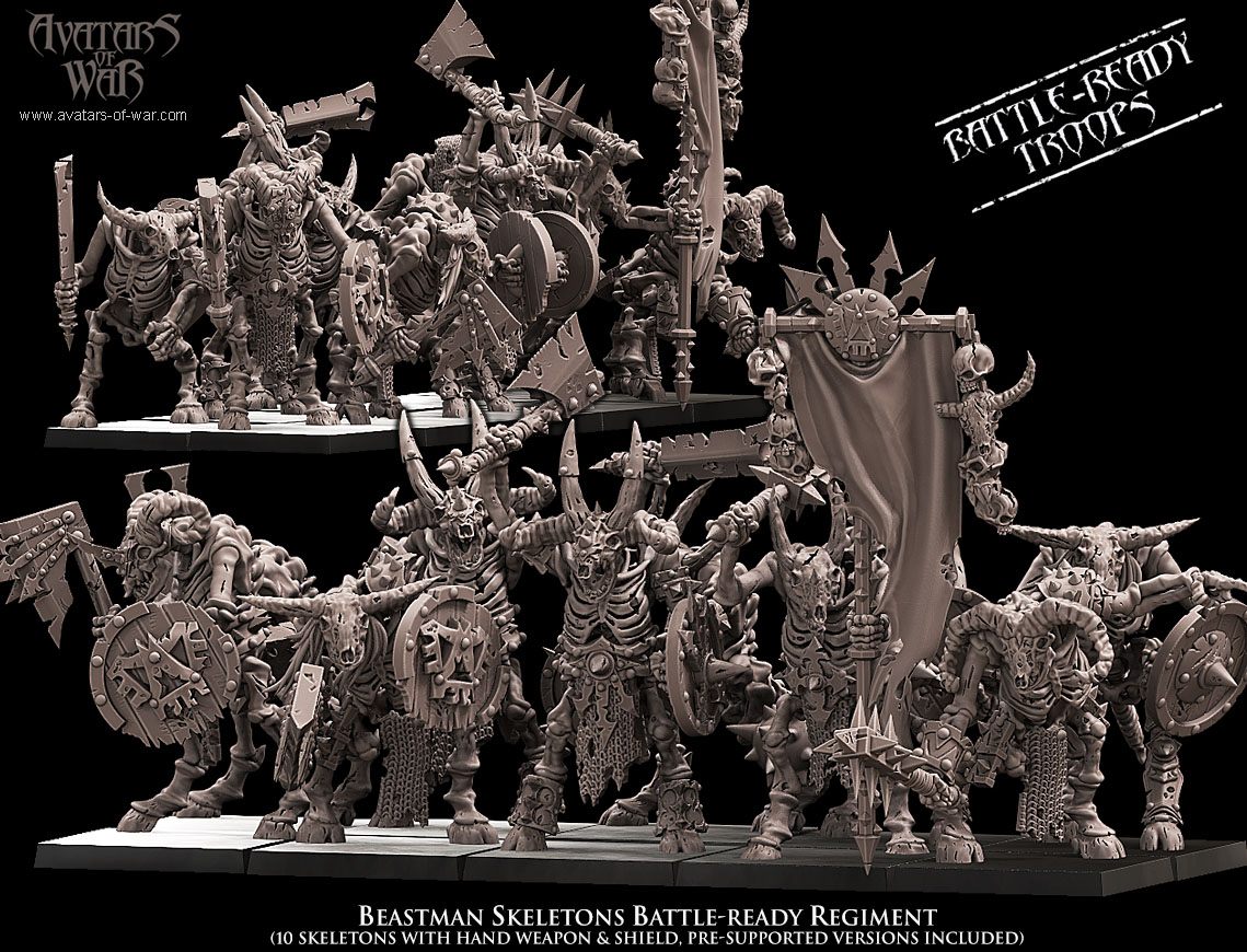 beastman skeletons battle ready regiment, orcs & goblins, avatars of war