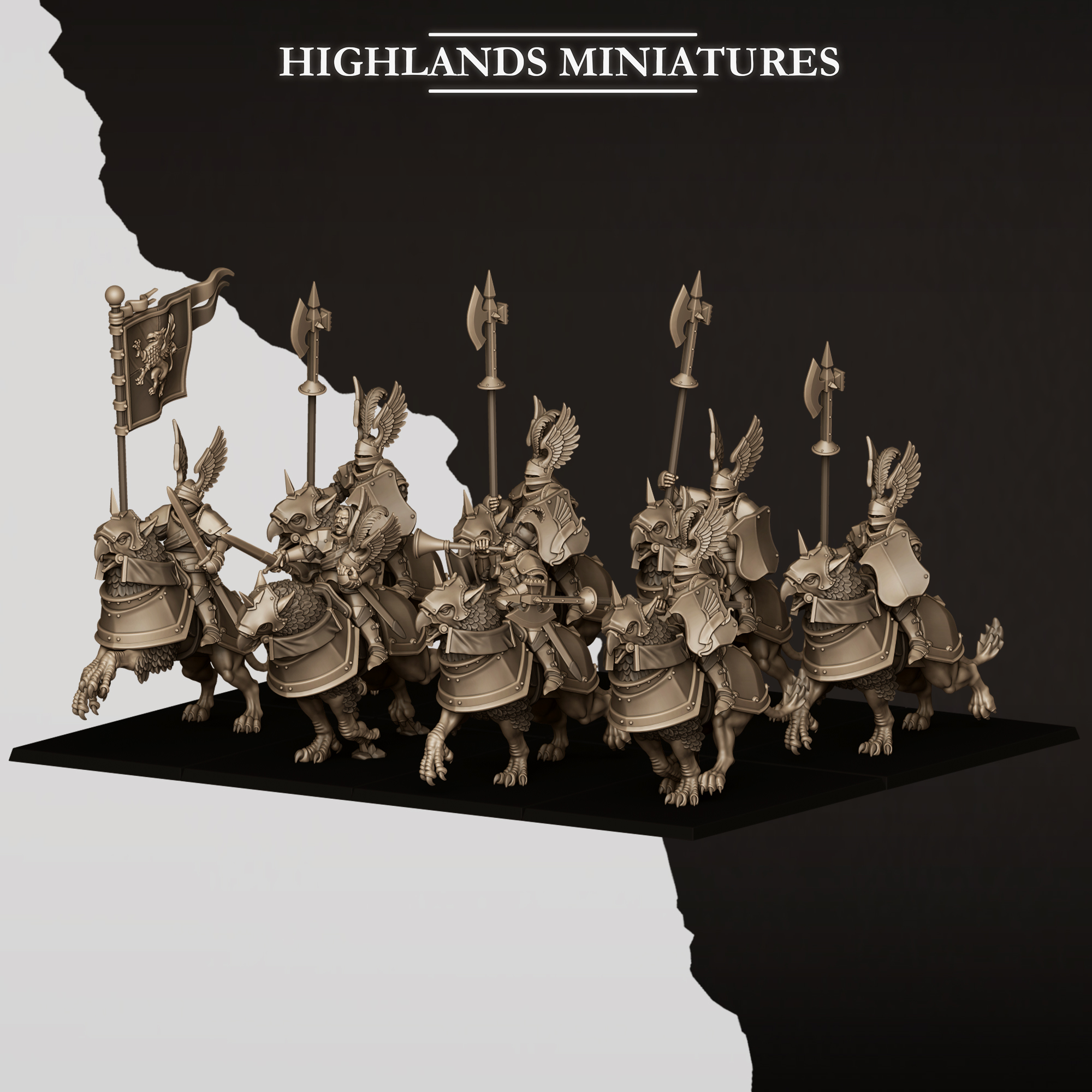 sunland wingless gryphons knights with poleaxes and lances, sunland highland miniatures