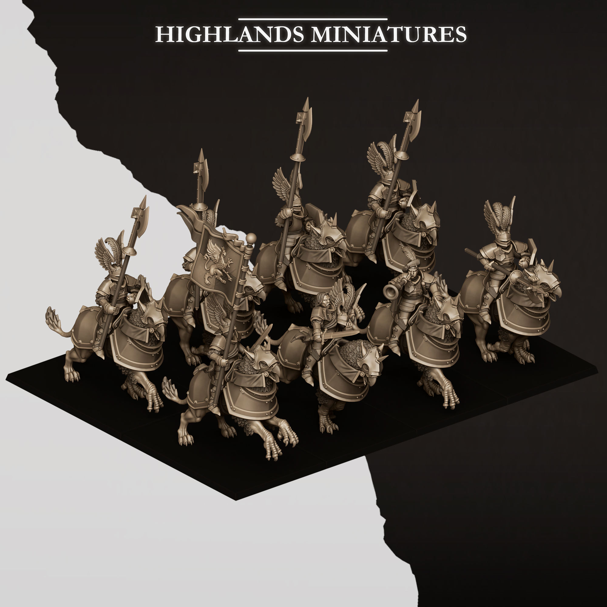 sunland wingless gryphons knights with poleaxes and lances, sunland highland miniatures