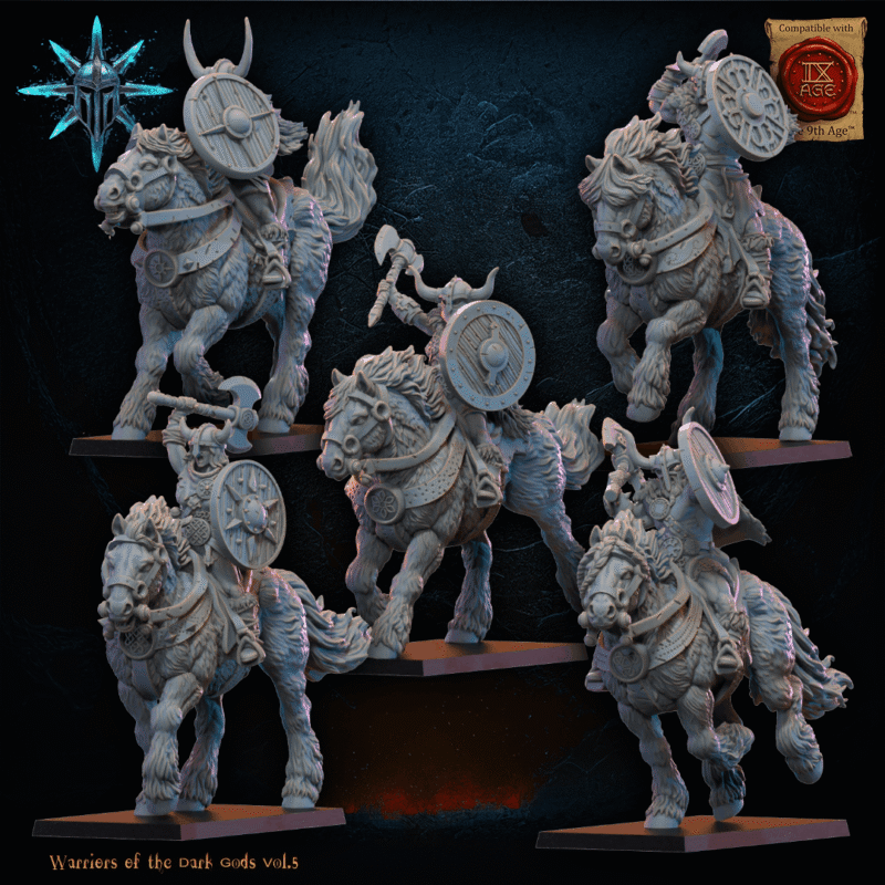 barbarian horsemen with axes/spears, warriors of the dark gods, lost kingdom