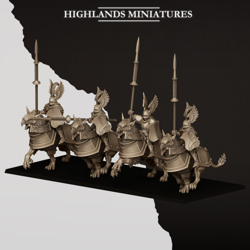 sunland wingless gryphons knights with poleaxes and lances, sunland highland miniatures