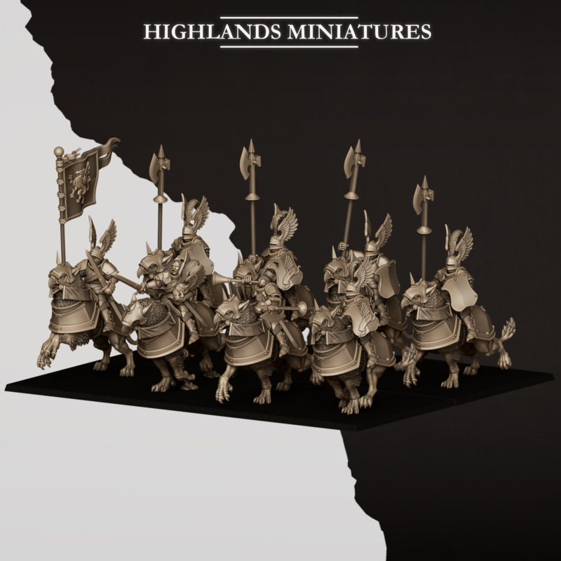 sunland wingless gryphons knights with poleaxes and lances, sunland highland miniatures