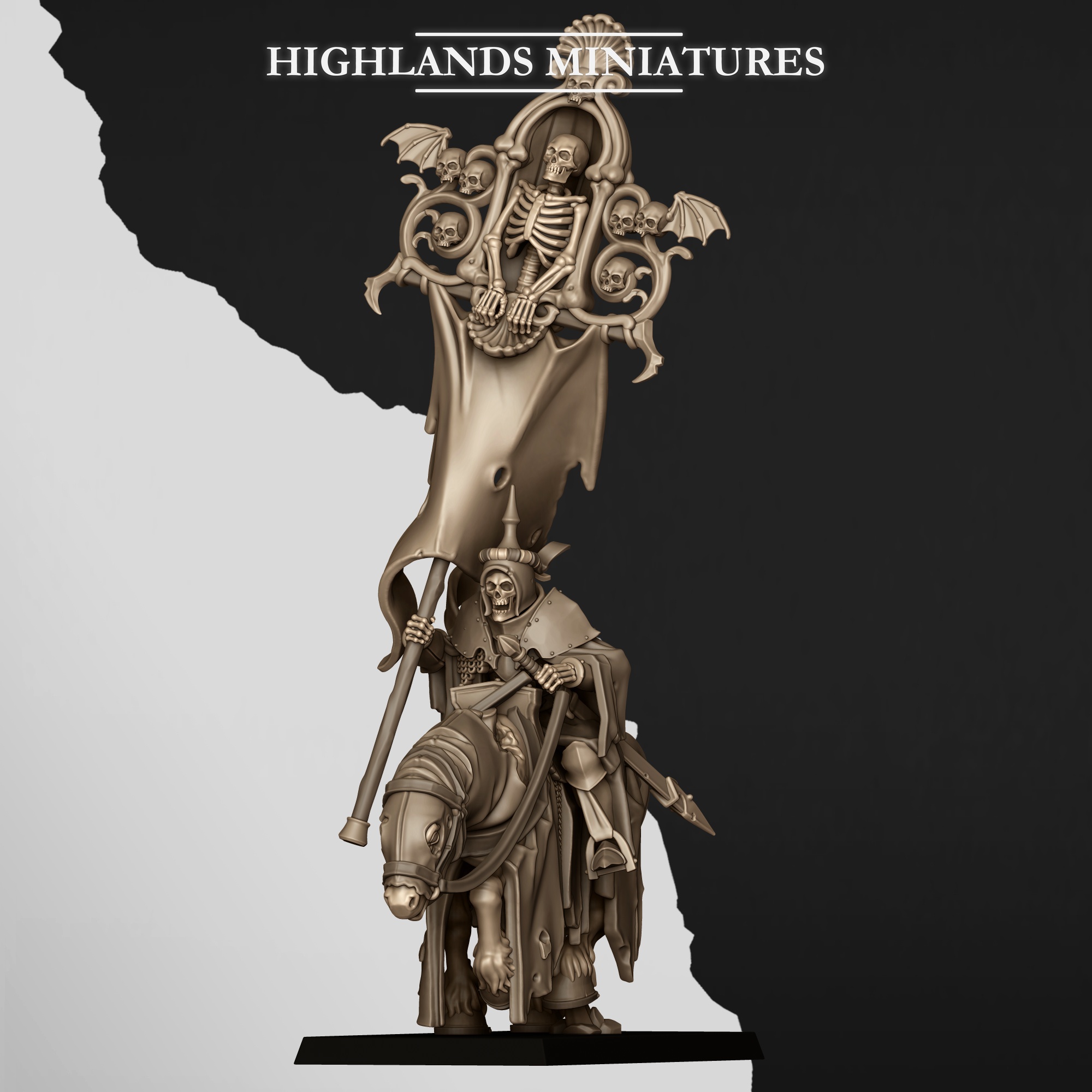 Mounted Skeletal Battle Standard Bearer – Transylvania | Highlands Miniatures